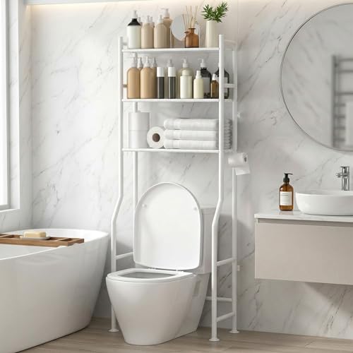 GloTika 3-Tier Over Toilet Storage, Anti-Tilt, 64" H, White | Anti-Tilt Safety System, 150lb Capacity, Carbon Steel, Freestanding, No Drilling, Anti-Rust Coating, Paper Holder & 4 Hooks - color: White, size: 3-Tier