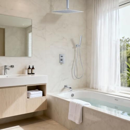 Chrome Shower System with Tub Spout, Ceiling Mounted Bathtub Shower Faucet Set, 12" Rainfall Shower Head and Handheld Shower Combo, High Pressure Shower Fixtures Set with Rough-in Valve - color: Polished Chrome, style: 12" Ceiling Mounted Shower System wi
