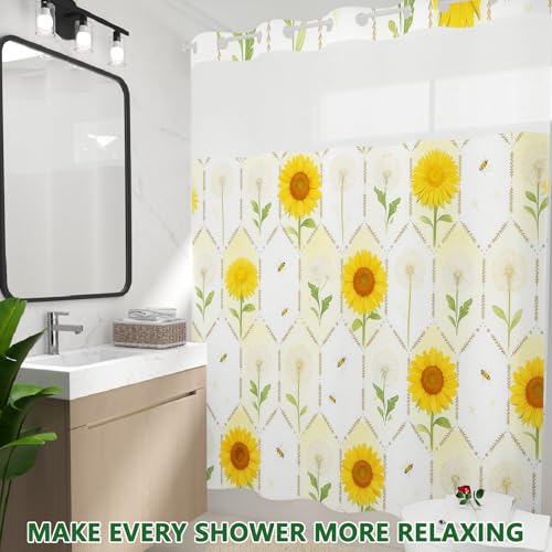 No Hook Shower Curtain with Snap in Liner, Floral Shower Curtain with Sheer Top Window and Weighted Hem, Sunflower and Dandelion Print Farmhouse Shower Curtains for Bathroom, 71" W x 74" L - color: Sunflower and Dandelion