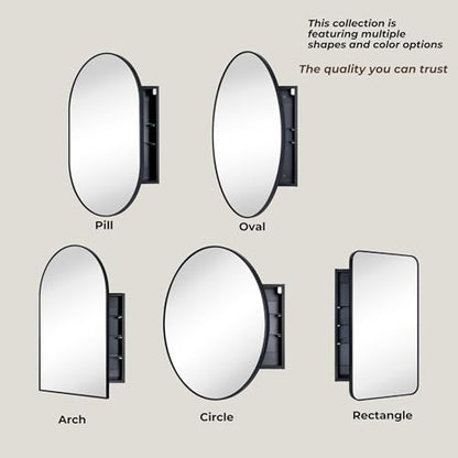 Surface Mount Black Oval Bathroom Medicine Cabinet with Mirror Metal Framed Oval Bathroom Storage Cabinet, 20x30''