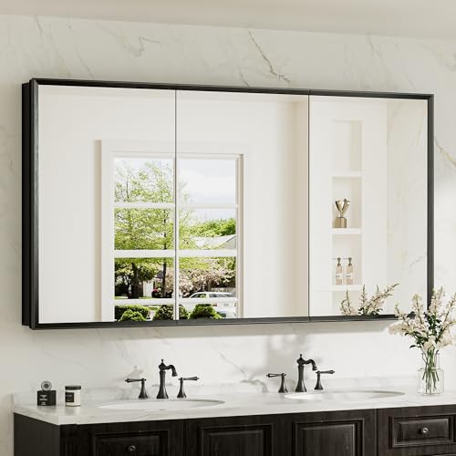 TokeShimi 60 x 32 Black Recessed Medicine Cabinet with Mirror, Assembly Required, Bathroom Medicine Cabinet with Mirror, Stepless Adjustable Shelves, Beveled Aluminum Frame, DTC Hinge - color: Black, size: 60x32 in