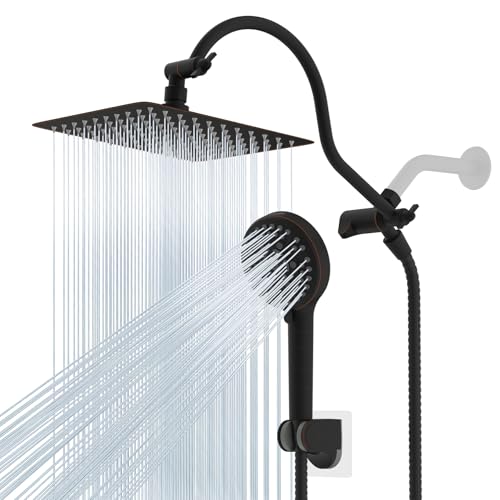 Hibbent All Metal CUPC Certified Shower Head, 10'' High Pressure Rainfall Shower Head, Handheld Showerhead Combo, 12'' Adjustable Extension Arm, 10 Sprays, 71'' Hose, Shower Holder, Oil Rubbed Bronze - color: Oil Rubbed Bronze, style: Square 10''