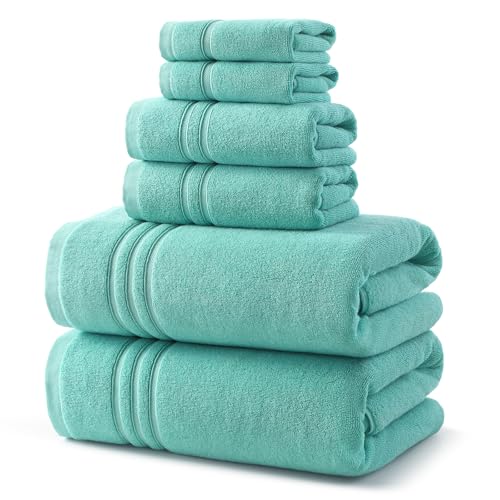 REDKISS Teal Towels Set 6 Piece Cotton Towel Sets with 2 Bath Towels, 2 Hand, 2 Washcloths, 650GSM Hotel Quality, Soft, Highly Absorbent Towels for Bathroom Gym, Ideal Everyday Use - color: Turquoise
