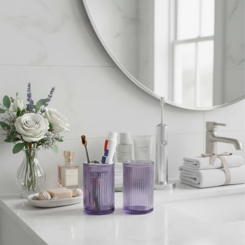Toothbrush Holders for Bathrooms, 2pcs Purple Glass Toothbrush Holder, Bathroom Toothbrush Cup and Toothpaste Holder with Silver Divider, Tooth Brush and Toothpaste Organizer for Countertop - color: Purple Silver