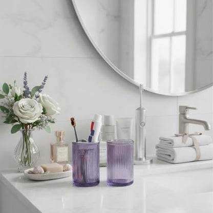 Toothbrush Holders for Bathrooms, 2pcs Purple Glass Toothbrush Holder, Bathroom Toothbrush Cup and Toothpaste Holder with Silver Divider, Tooth Brush and Toothpaste Organizer for Countertop - color: Purple Silver