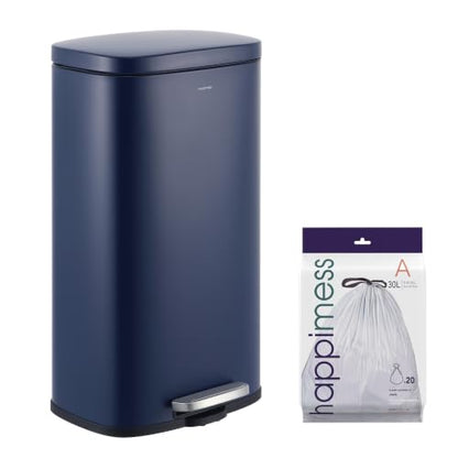 happimess Curtis 8 Gal Step Trash Can Soft Close 25", Denim Blue | Iron Construction, Satin Finish, Removable Liner, Steel Pedal, 20 Trash Bags Included, Kitchen Office Bin - color: Denim Blue