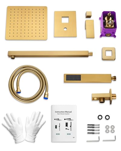 10" Shower System, Wall Mount Shower Faucet Set, Brushed Gold | Pressure-Balance Rough-In Valve Included, High Flow Square Rainhead, Stainless Steel Fixture for Bath Remodels - color: Brushed Gold