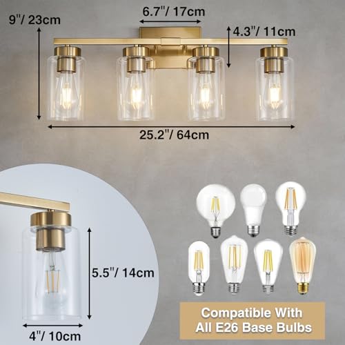 4-Light Bathroom Light Fixtures, Gold Modern Vanity Lights Over Mirror, Bathroom Wall Sconces with Clear Glass Shade for Living Room Bedroom Hallway Cabinet Porch - color: Gold