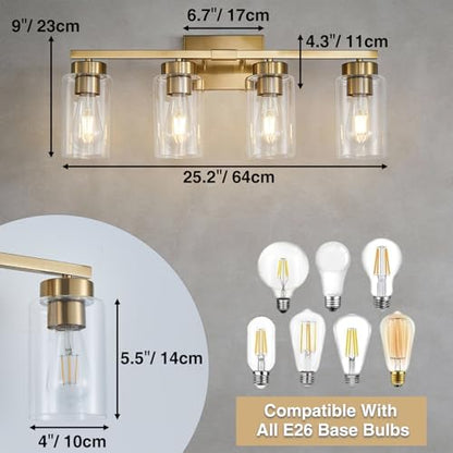 4-Light Bathroom Light Fixtures, Gold Modern Vanity Lights Over Mirror, Bathroom Wall Sconces with Clear Glass Shade for Living Room Bedroom Hallway Cabinet Porch - color: Gold