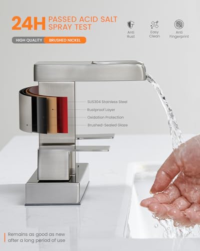 Waterfall Bathroom Faucet for Sink 3 Hole, 4 inch, Brushed Nickel Waterfall Sink Faucets with Pop-up Drain and 2 Supply Hoses, Stainless Steel 2-Handle Centerset Faucet for Sink Vanity, T-6008BN - color: Brushed Nickel