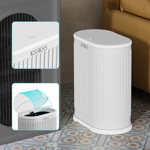 KSSKSS 1.8 Gallons Small White Bathroom Trash Can with Lid, Slim Bathroom Garbage Bin, Removable Liner Bucket, Dog Proof Trash Can with Pop-Up Lid for Bedroom,Toilet - color: White