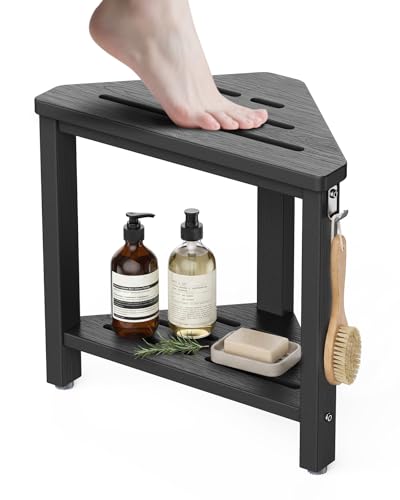15" Shower Foot Rest with Side Hook, HDPE Waterproof Corner Shower Stool for Inside Shower, Anti-Slip Shower Stool for Shaving Legs, Space Saving Corner Shower Bench and Seat for Small Bathroom, Black - color: Black
