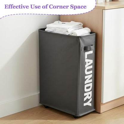 42L Narrow Rolling Laundry Basket, Slim Laundry Hamper with Wheels and Brake, Collapsible Skinny Laundry Cart for Dorm and Small Spaces, Dark Gray - color: Gray