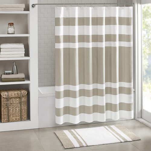 Madison Park Spa Waffle Shower Curtain for Bathroom, 72 x 72, Taupe | Striped, Pieced Fabric Design, 3M Scotchgard Moisture Management, Hotel Quality, Modern, for Bathroom, OEKO-TEX Certified - color: Stripe Taupe, size: 72"W x 72"L (Pack of 1)