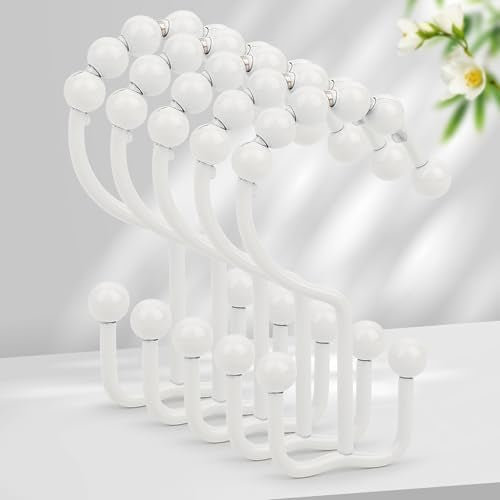 Resze Shower Curtain Hooks, Metal Double Shower Curtain Rings, White | Glide Roller Shower Hooks, Rust-Resistant Anti-Drop Shower Rings, Smooth Sliding Hooks for Bathroom Shower Rods Curtains - color: White