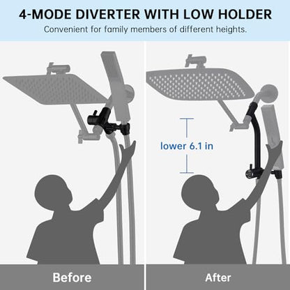 G-Promise 12 Inch All Metal Rain Shower Head with Handheld (Matte Black) | Suits Every Height, Pause Mode Diverter, Massage Mode Handheld, Full Body Coverage, Easy to Install, Modern Bath Upgrade - color: Matte Black, size: 12 Inch