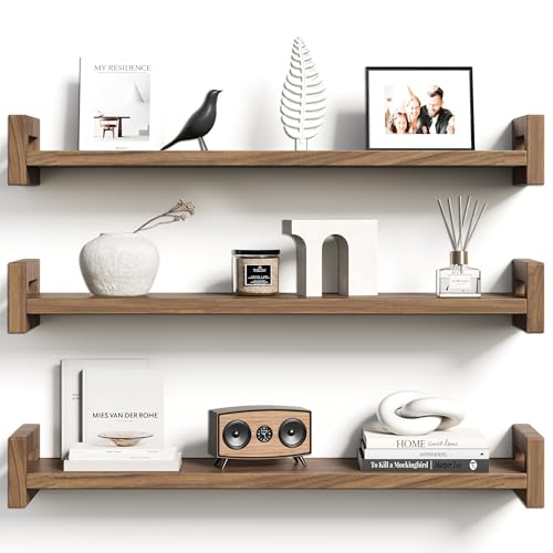 Upgraded Floating Shelves for Wall, Set of 3 Solid Wood Wall Mounted Shelves, 23.6" Rustic Walnut Display Shelf for Bedroom, Living Room, Bathroom, and Kitchen Decor - Heavy-Duty & Natural Pine - color: Walnut Brown, size: 23.6 inch