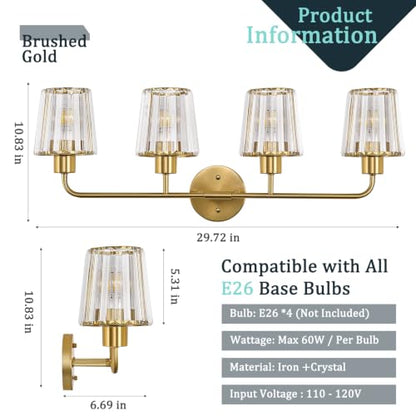 Brushed Gold Vanity Lights, 4-Light Crystal Bathroom Light Fixtures | Modern Bathroom Vanity Light E26 Wall Light over Mirror (Exclude Bulb) - color: Brushed Gold, size: 4-Light