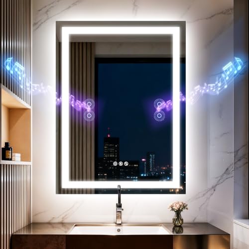 24"x32" LED Bathroom Mirror with Lights,Bluetooth Dual Speaker | Anti-Fog,3 Color Temperature,Dimmable Brightness,Memory Function,Waterproof,Wall Mount Design,Tempered Glass - size: 24"L x 32"W