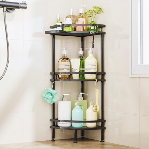HapiRm Standing Corner Shower Caddy - 3 Tier Shower Organizer Corner with Soap Holder and 4 Hooks, Rustproof Bathroom Storage Shelves with Adhesives, Black - color: Black, size: 3-tier