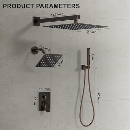 Rain Shower System 12" & 6" Dual Shower Heads, Wall Mount Shower Faucet Set | Ideal for bathroom remodels and upgrades with 12" rain shower, 6" angled shower, handheld spray and complete valve kit. - color: Oil Rubbed Bronze, size: Wall Mounted - 12"+6" S