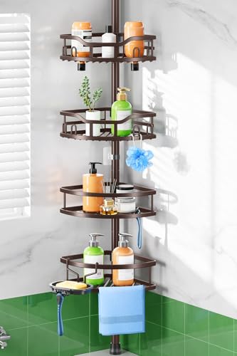 HAMITOR Shower Caddy Tension Pole: Rustproof Quick Install Corner Bathroom Organizer Shelf on Floor for Renters - 4-Tier Large Capacity Storage Rack with Soap Holder for Apartment -47-121 Inch/Bronze - color: Bronze