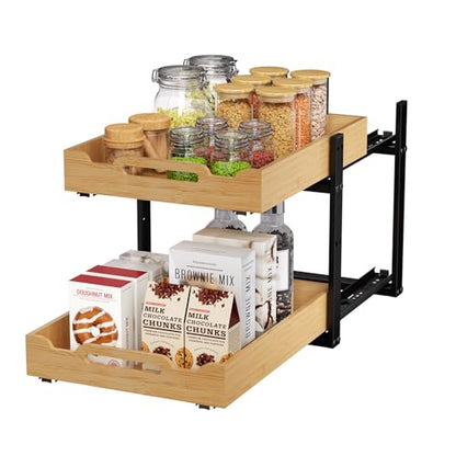 Pull Out Cabinet Organizer, 2-Tier Drawers for Kitchen Cabinet | Sliding Bamboo Under Sink Organizer for Kitchen Storage Organization with Coated Iron Frame, Bathroom Organizers and Storage