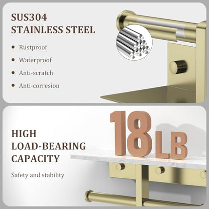 BWE Double Toilet Paper Holder with Shelf Wall Mounted Tissue Roll Holder | Commercial Toilet Paper Dispenser for Bathroom Marble Toilet Paper Storage Holder with Phone Shelf (Brushed Gold) - color: Double Brushed Gold