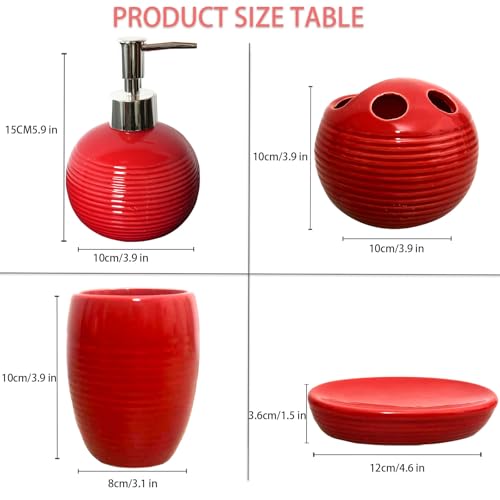 Red Bathroom Accessories Set,4 Pcs Ceramic Bath Accessory Sets Includes Soap Dispenser, Toothbrush Holder, Tumbler and Soap Dish,Bathroom Countertop Organizer Set for Home Apartment