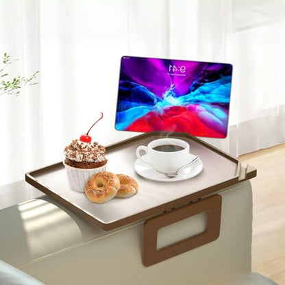Smatdecis Couch Arm Tray Table Sofa Arm Clip, Armrest Tray Table Suitable for Home Drinks/Fast Food/Fruit Etc, Large Size Multi-Function Brown(Dual Phone/Tablet Holder) - color: Brown, size: 13" x 9.4"(Upgrade)