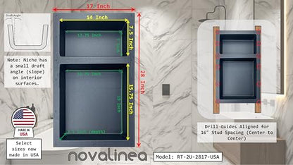 Ready-to-Tile Rectangular Shower Niche – 28" x 17" Double Uneven Shelves – Made in USA – Recessed Wall Niche - size: 28" x 17" Double Uneven Shelves (USA)