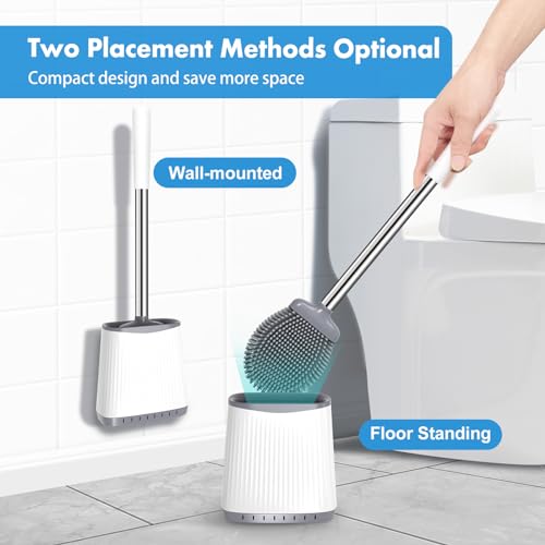 Silicone Toilet Brush and Holder, Flexible Bowl Brush Head with Ventilated Holder, Wall Mounted Compact Set for Bathroom Cleaning