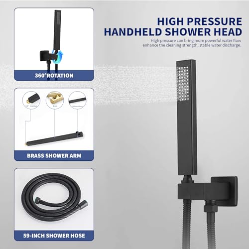 BWE 12 Inch Matte Black 2-Faction Wall Mounted Bathroom Shower System Set | Brass and Stainless Steel,Rainfall Shower Head,Handheld Shower Head,Pressure Balance Valve,Escutcheon Plate,Hotel,Bath Center - color: Matte Black, size: 12 Inch