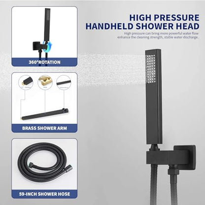 BWE 12 Inch Matte Black 2-Faction Wall Mounted Bathroom Shower System Set | Brass and Stainless Steel,Rainfall Shower Head,Handheld Shower Head,Pressure Balance Valve,Escutcheon Plate,Hotel,Bath Center - color: Matte Black, size: 12 Inch