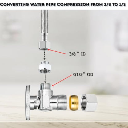 3/8 to 1/2 & 1/2 to 3/8 Faucet Adapter Set, 4 Pack G 1/2 and 3/8 Compression Thread, Nickel Plated Brass Plumbing Reducer Fittings