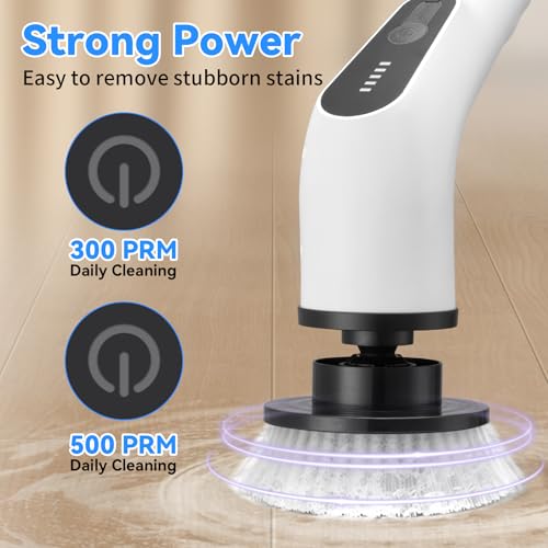 Electric Cordless Spin Scrubber – 2-Speed High-Efficiency Adjustable Portable Cleaning Brush for Home, 8 Replaceable Brush Heads for 360° Powerful Cleaning in Bathroom, Kitchen, Car(Pure White)