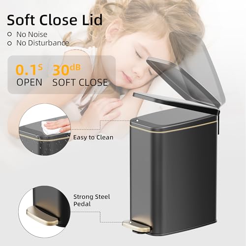KSSKSS 1.6 Gallon/6L Small Bathroom Steel Step Trash Can, Soft-Close Lid & Fingerprint-Proof, Slim Wastebasket for Narrow Spaces (Black) - color: Black