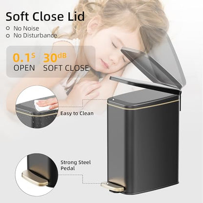 KSSKSS 1.6 Gallon/6L Small Bathroom Steel Step Trash Can, Soft-Close Lid & Fingerprint-Proof, Slim Wastebasket for Narrow Spaces (Black) - color: Black