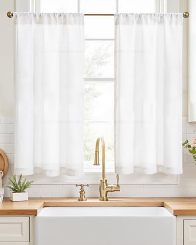 jinchan Rustic Linen Rod Pocket Tier Curtains, 26x45, 2 Panels, White | Light filtering, cafe curtains, machine washable, farmhouse, kitchen, bathrooms, laundry, small window, over sink - color: Rod Pocket | Beige White, size: 26"W x 45"L (Pack of 2)