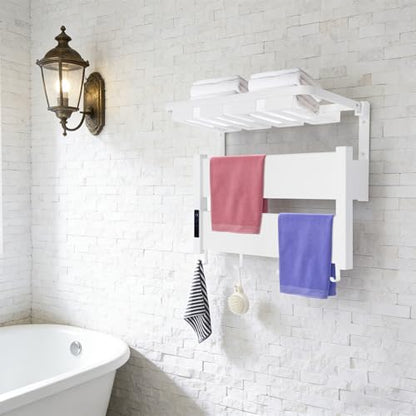 Electric Towel Warmer, Wall-Mounted Towel Heater with Timer, Foldable Shelf, 95-158℉ Temp, Aluminum Plug-in Bath Heater for Bathroom, 100W, IPX4 Water Prevention, 44lbs + 33lbs Capacity (Creamy White)