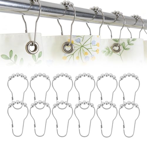 12 Shower Curtain Hooks, Suitable for Bathroom Shower rods for Rust-Proof Decorative Stainless Steel Shower Curtain Hooks, Silver