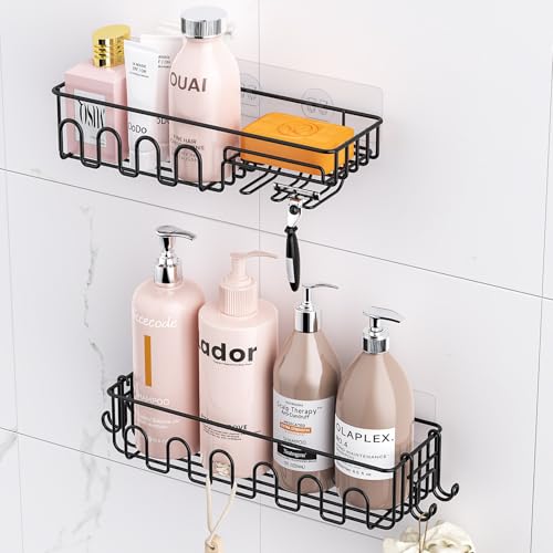 4-Pack Adhesive Shower Caddy, Wall Mounted Bathroom Shelf, Black | 2 Open Grid Baskets, Drill-Free Adhesive, 2 Detachable Hooks, Rustproof Metal, Ideal Bathroom Kitchen Shelf, Holds 25Lbs - color: Black