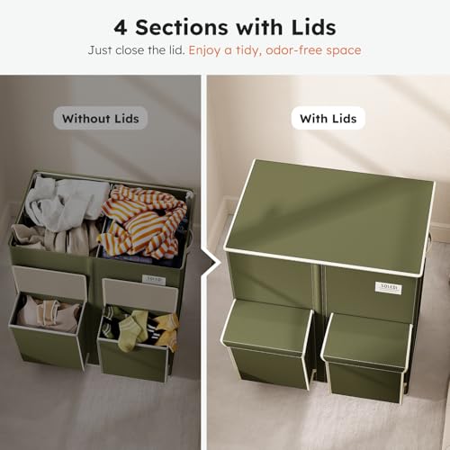SOLEDI 180L Double Laundry Hamper with Lid and 2 Side Pockets, Dual Hamper | 2 Section Laundry Basket, Removable & Washable Laundry Bags, 180L Large Capacity, for Bedroom, Bathroom, Laundry Room, Dorm - color: Avocado