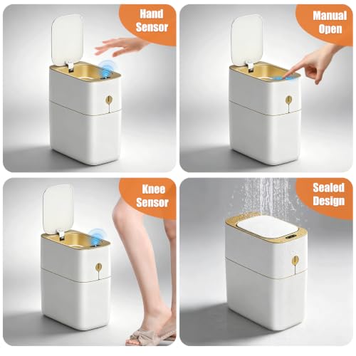 funest Smart Bathroom Trash Can with Lid, 3.6 Gallon Slim Motion Gold Sensor Garbage Bin with Inner Bucket, Trash Can with Lid Waterproof for Kitchen Office
