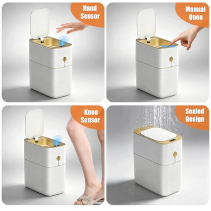 funest Smart Bathroom Trash Can with Lid, 3.6 Gallon Slim Motion Gold Sensor Garbage Bin with Inner Bucket, Trash Can with Lid Waterproof for Kitchen Office