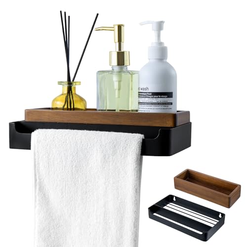 MyGift Modern Matte Black Wall Mounted Towel Rack with Acacia Wood Shelf – Metal Bathroom Storage Organizer for Towels and Décor