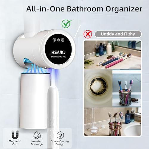 Wall Mounted Toothbrush Holder with Automatic Care Cycle, Heated Air Drying, UV Light Care, Magnetic Cup & Toothpaste Storage (White) - color: White