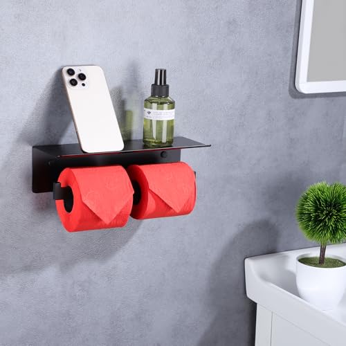LANC Double Toilet Paper Holder with Shelf, Matte Black Commercial Toilet Tissue Roll Dispenser with Phone Shelf Stainless Steel for Bathroom, Kitchen, Apartments Wall Mounted, A8877MB - color: Matte Black, size: Full