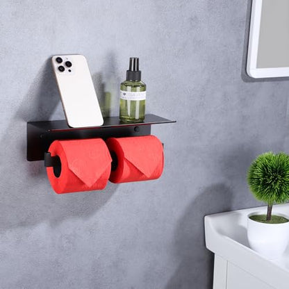 LANC Double Toilet Paper Holder with Shelf, Matte Black Commercial Toilet Tissue Roll Dispenser with Phone Shelf Stainless Steel for Bathroom, Kitchen, Apartments Wall Mounted, A8877MB - color: Matte Black, size: Full