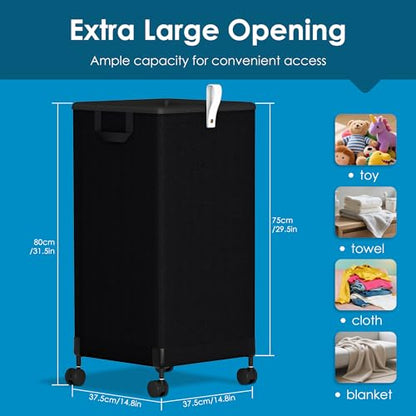 2Pcs Laundry Basket with Wheels 105L, Large Rolling Laundry Hamper with Removable Bag, Metal Frame Collapsible Dirty Clothes Bin, Cloth Organizer Hampers Pull Handle for Bathroom, Dorm, Bedroom Black - color: Black - 2 Pack